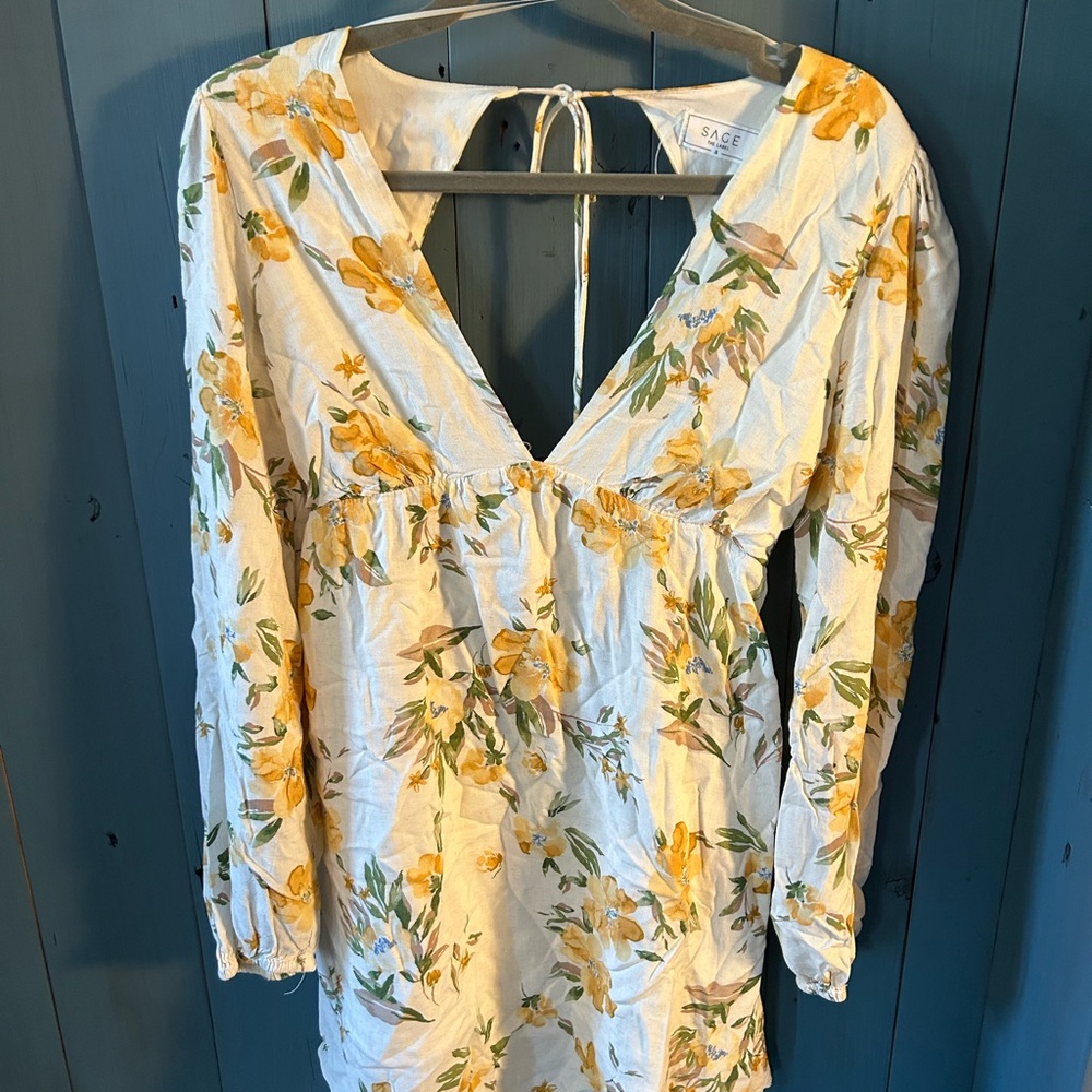 Sage, The Label Floral Long Sleeve Babydoll Dress, Size Small (Tie & Open Back)